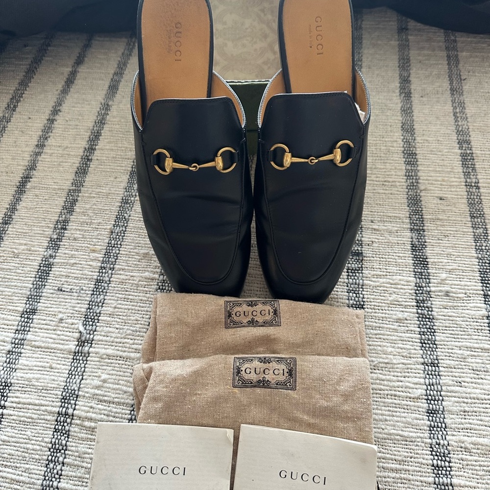 Gucci Women's Black Leather Mules with Gold Detail